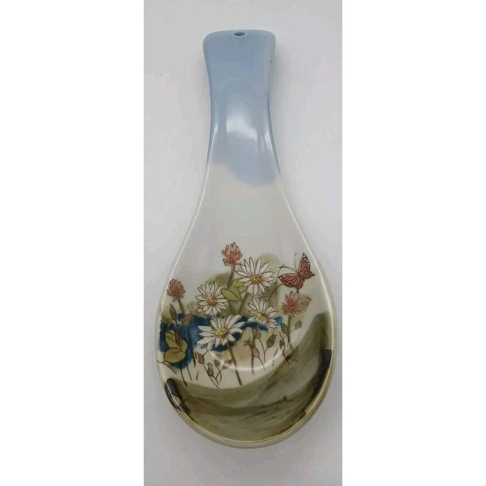 Vtg Otagiri Spoon Rest Flowers Butterfly Daisies Brown Blue Hand Painted Clover